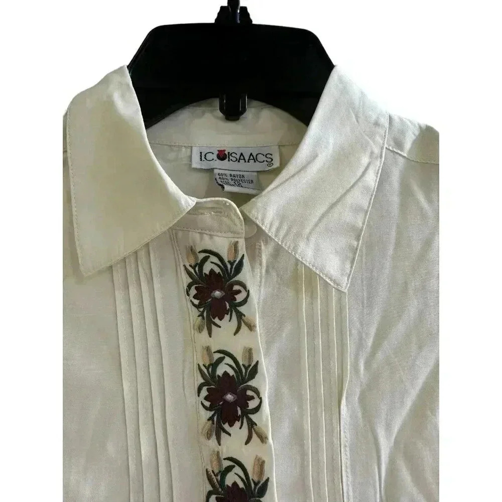 Womens Vintage IC Isaacs Blouse Size 12 Large Cream Burgundy Embroidered Floral‎